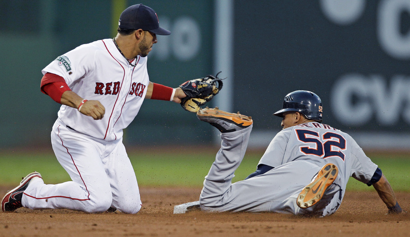 Detroit Tigers' Quintin Berry steals second base as Boston Red Sox shortstop Mike Aviles covers in the third inning at Fenway Park on Thursday. The Red Sox lost, 7-3.