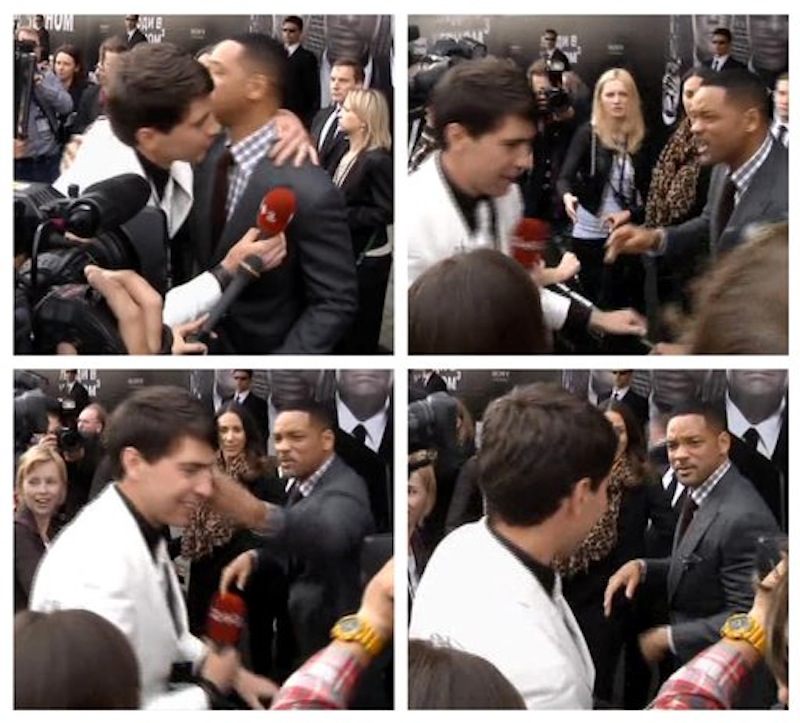 In this photo combo from video images taken from AP video, top left image, U.S. actor Will Smith, center right, is embraced by reporter Vitalii Sediuk, white suit, from the Ukrainian television channel 1+1, on the red carpet before the premiere of "Men in Black III" Friday, May 18, 2012, in Moscow. At top right, Smith reacts after the two men embraced. In bottom left image, Smith slaps Sediuk after the male television reporter allegedly tried kissing Smith. In bottom right photo, Smith walks away from Sediuk. (AP Photo via AP video)