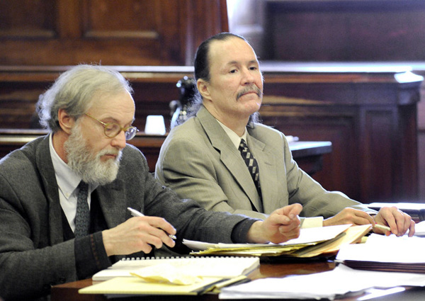 Ernest Weidul, right, with his attorney Thomas Connolly during a January court hearing in Portland. Weidul is charged with manslaughter in the death of Roger Downs Jr. in May 2010.