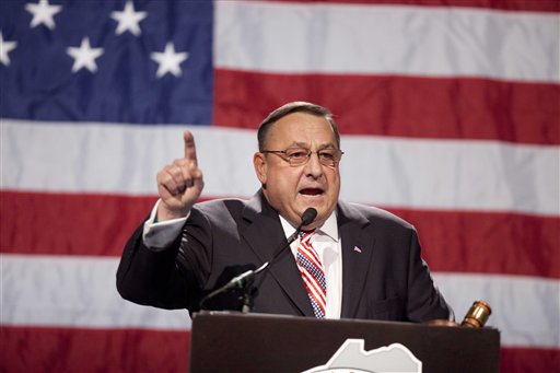 Gov. Paul LePage speaks at the Maine Republican Convention at the Augusta Civic Center in Augusta, Maine, Sunday, May 6, 2012. (AP Photo/Robert F. Bukaty)