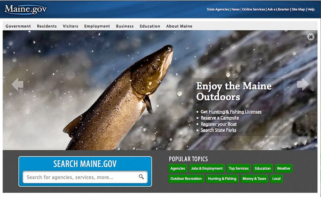 A screen image from the homepage of the new Maine.gov website.