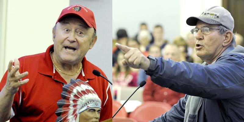 Feelings on both sides of the issue ran high Monday night at a hearing on changing the name of the Sanford High School Redskins. Retired teacher and coach Roland Cote, left, with a Native American figurine, speaks against giving up the name, noting that students never really had a chance to weigh in. Brenton Allaire, right, of Native American background, supported changing the name, saying it only adds insult to injury for a school to continue using the name.
