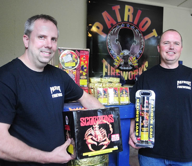 Tim Bolduc, left, and Jay Blais recently opened Patriot Fireworks in Monmouth.
