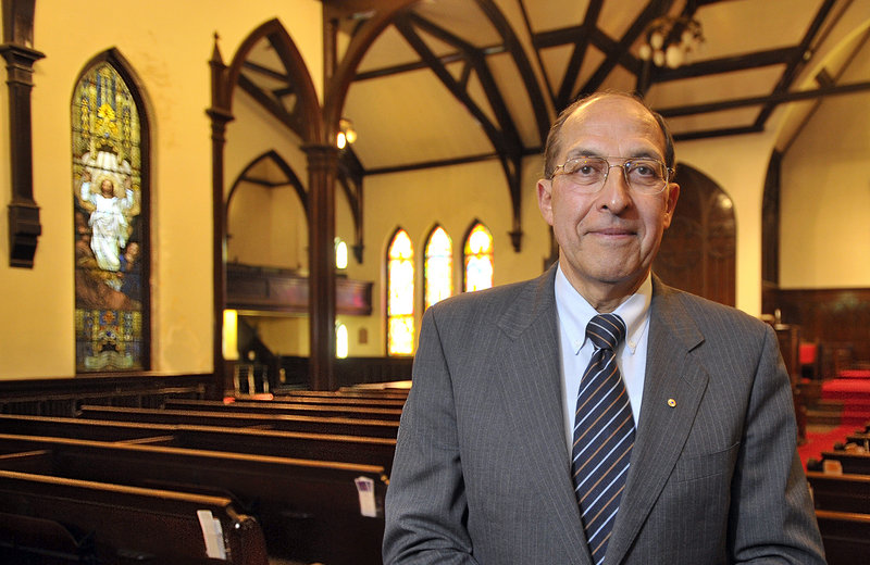 Australian businessman Frank Monsour in the Williston-West church. The city planning staff endorsed Monsour's plan to add commercial offices to the church's parish hall.