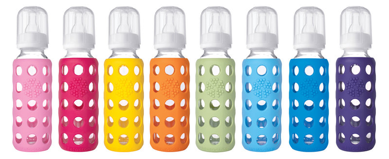 Silicone baby bottle covers from Lifefactory fit over an included glass bottle.
