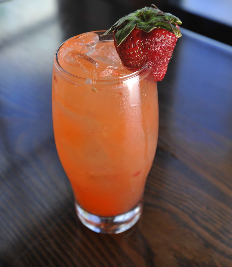 A Ramorita from Zapoteca, made with silver tequila, fresh muddled strawberries, jalapeno slices, orange liqueur, agave nectar and lime juice.
