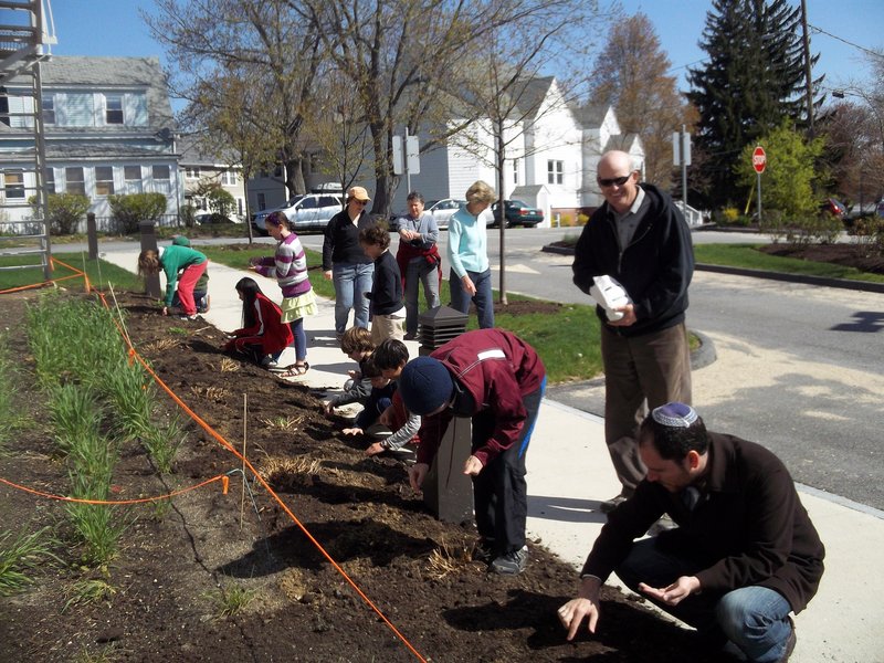 Rabbi Jared Saks, right, and Shai Levite participate as fifth-graders at Congregation Bet Ha’am seed the property at the South Portland synagogue. The students planted Glenn Hard Red, a Maine spring wheat, and also some Jerusalem wheat, an ancient variety originally found at Masada in Israel. They will also grow vegetables to donate to a local food pantry.