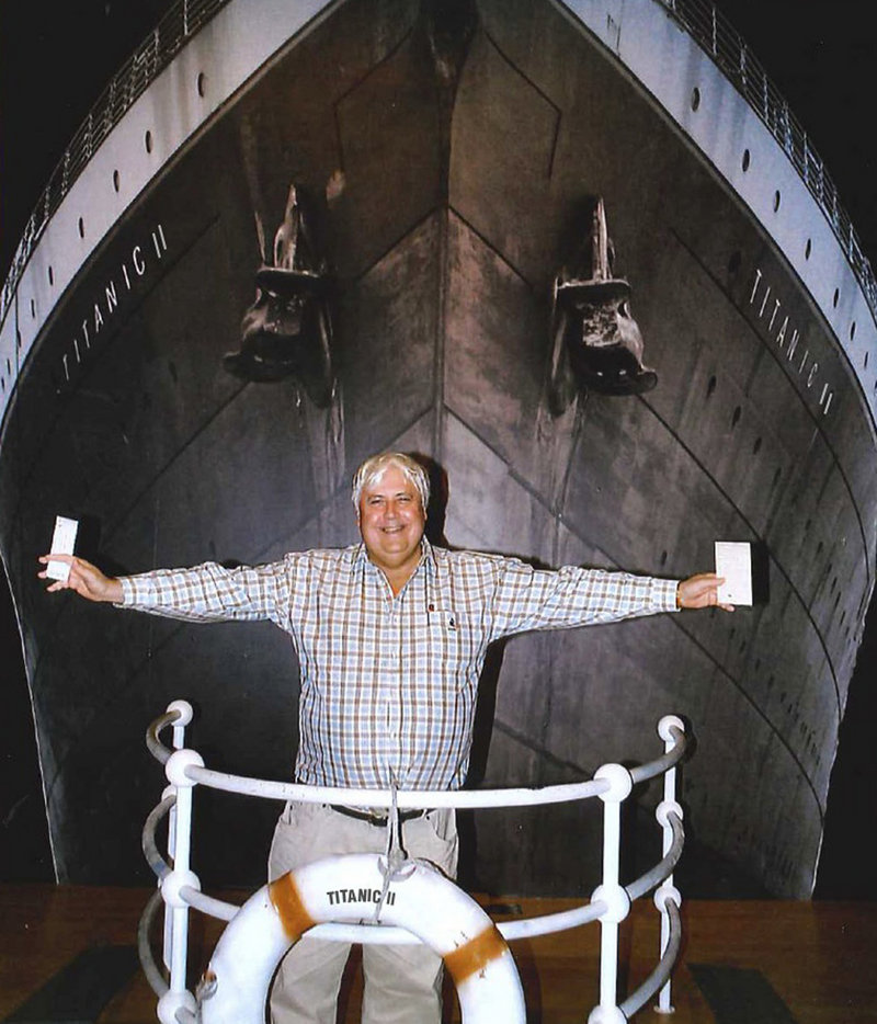 Australian billionaire Clive Palmer poses with an artist’s impression of the Titanic ll at MGM Studios in Los Angeles.