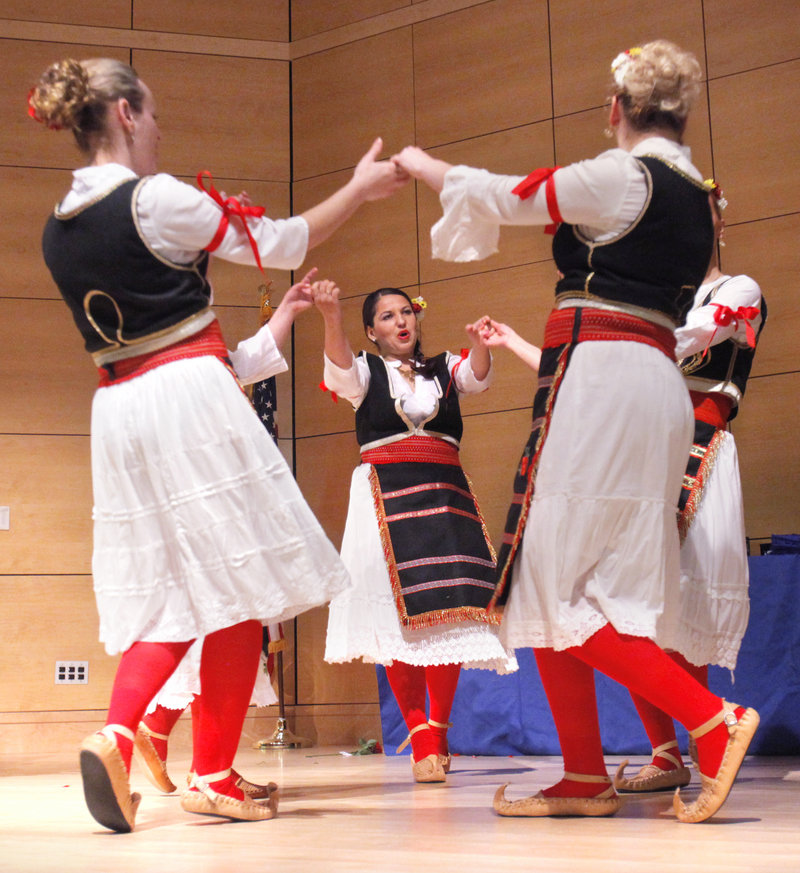 The group Sokolica, a Serbian folk dance ensemble, performs a dance during the Multicultural and International Graduation Celebration at the University of Southern Maine in Portland on Tuesday night. Students and officials from the University of Southern Maine, the University of New England and Southern Maine Community College participated in the celebration recognizing the achievements of the schools’ multicultural student population.