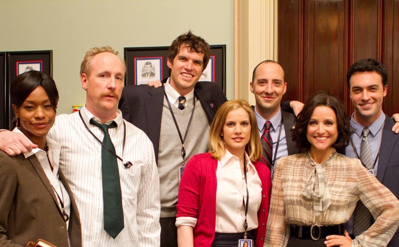 Tim Simons, center rear, with the cast of HBO's "VEEP", which stars Julia Louis-Dreyfus, right front.