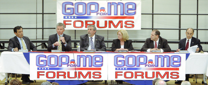 The Republican candidates for U.S. Senate appearing at the forum Wednesday night at Harriet Beecher Stowe Elementary School in Brunswick were, from left: Rick Bennett, Charlie Summers, William Schneider, Debra Plowman, Scott D’Amboise and Bruce Poliquin.