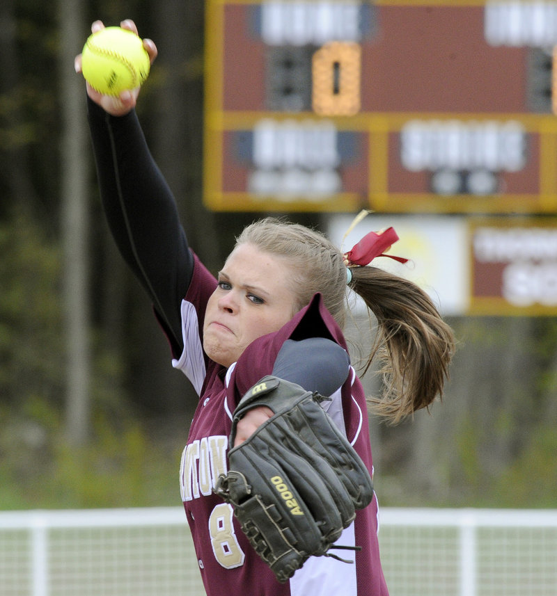 Julia Geaumont of Thornton Academy delivers a pitch Thursday against Scarborough in a clash of unbeaten softball teams. Scarborough prevailed, 6-3.