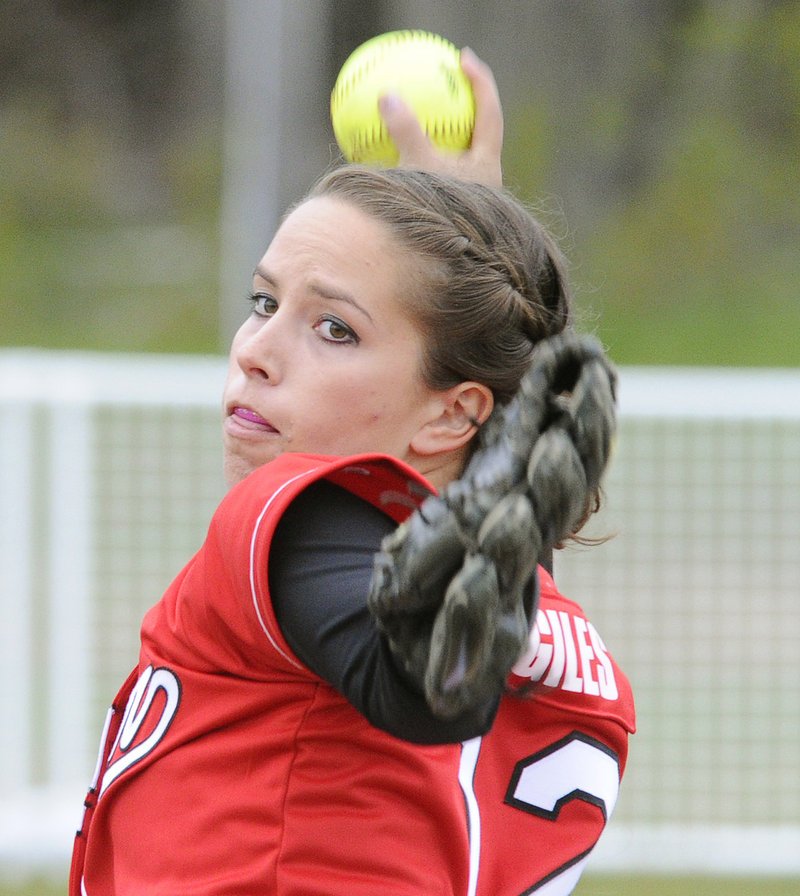 Erin Giles of Scarborough settled down after a slow start Thursday and was the winning pitcher when the Red Storm rallied to beat Thornton Academy, 6-3.