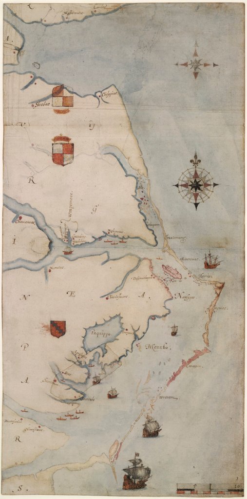 Image shows the map named “La Virginea Pars” painted by explorer John White in the 1580s depicting the North Carolina coast from Chesapeake Bay to Cape Lookout.