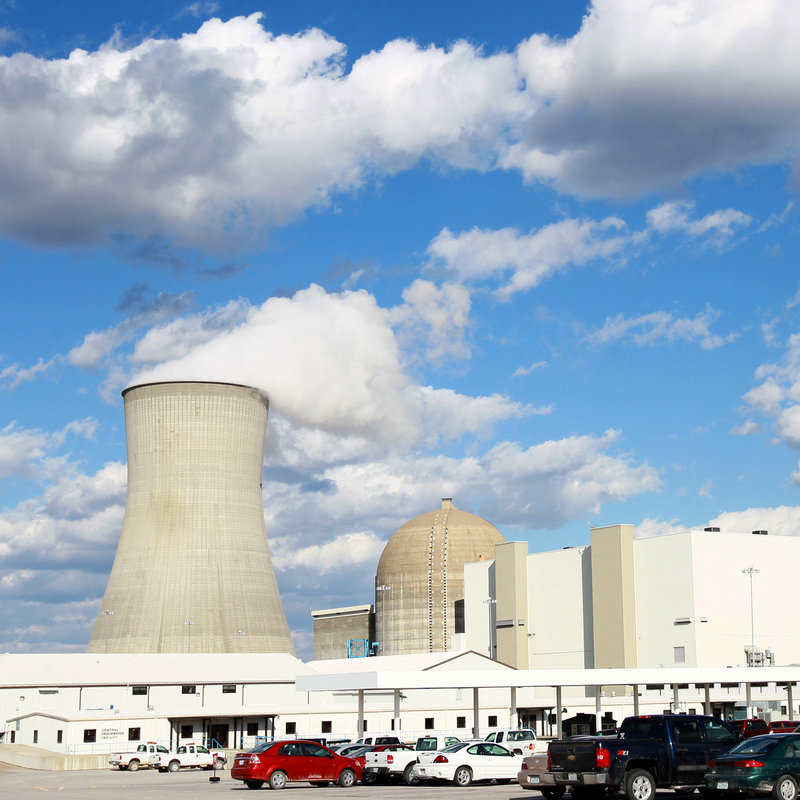 This view of the Ameren Missouri’s Callaway County nuclear power plant in Reform, Mo., shows the cooling tower, left, the building that houses spent fuel, center, the dome building that houses the reactor and the building that houses the steam turbine and electric generator, right. A large plant built today can cost many billions of dollars.