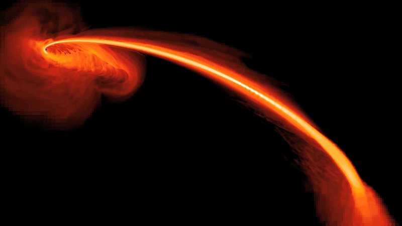 A computer-simulated image shows gas from a tidally shredded star falling into a black hole.