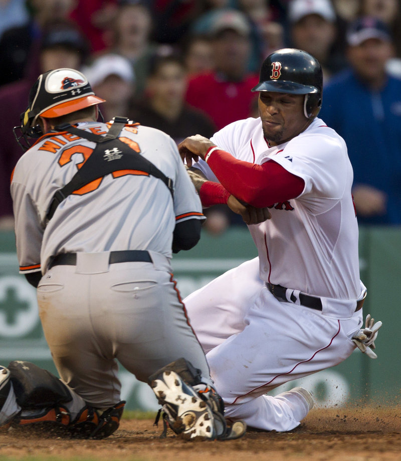 Marlon Byrd was going to be the winning run in the 16th for Boston, until he was tagged out by Matt Wieters while trying to score from first on a double.