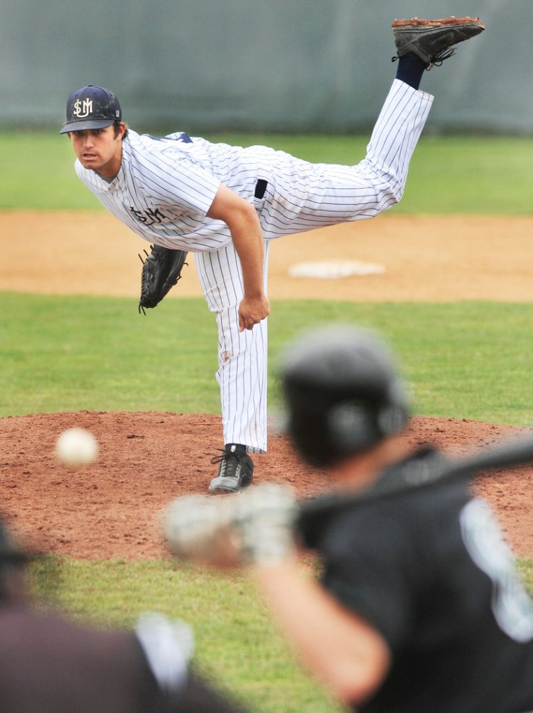 Logan Carman of Southern Maine delivers a pitch in Wednesday’s first-round game in the Little East baseball tournament at Gorham. Plymouth State won, 3-2.