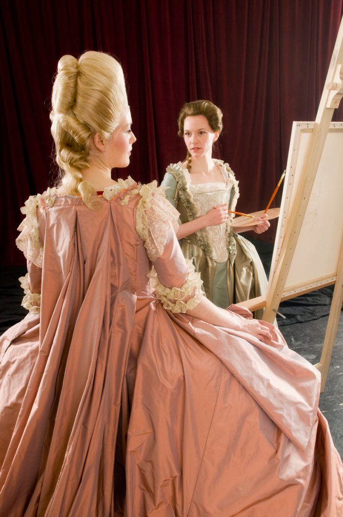 Ellen Adair, left, and Caroline Hewitt in “Marie Antoinette: The Color of Flesh” at Portland Stage.