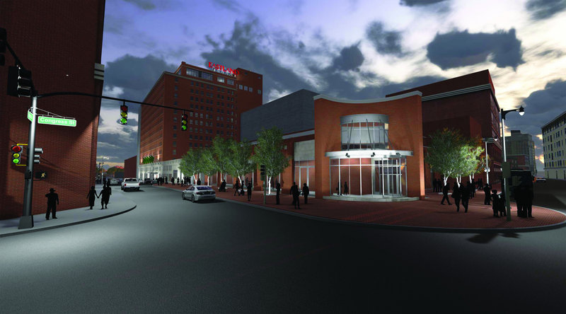 An architectural rendering of the proposed Eastland Hotel ballroom shows how the expansion would take up most of the area of Congress Square Plaza.