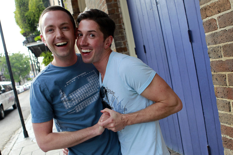David Peters, right, and Luke Whited, a gay couple who are joined in a civil union in their home state of Illinois, pose before being interviewed about President Obama’s statement in support of gay marriage in New Orleans on Wednesday.