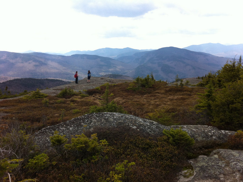 The summit of Caribou Mountain is expansive with plenty of places to explore views to the east and west. Hikers have to keep a careful eye out for trail blazes for the connection from the Mud Brook Trail to the Caribou Trail.