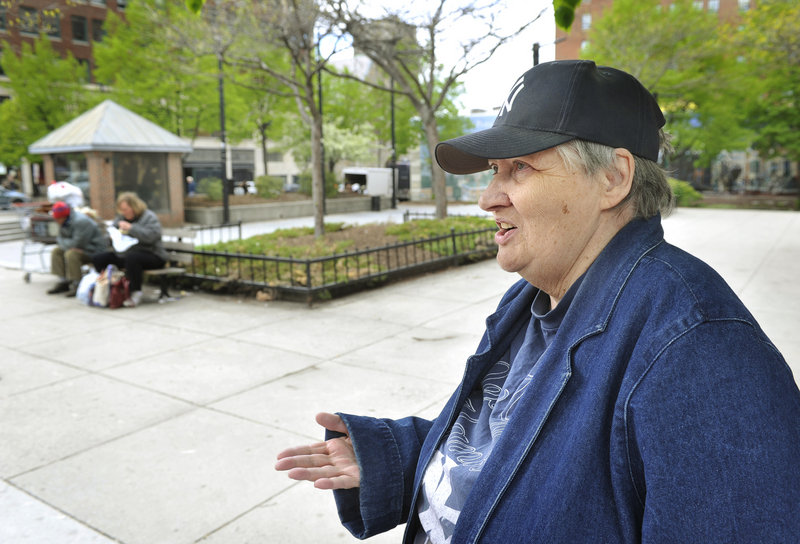 Seventy-year-old Janice Cole, who lives next to Congress Square Plaza, says she doesn’t like to come to the Portland park because it can be a magnet for homeless people and sometimes it doesn’t feel safe. “It’s really quite sad,” she said.