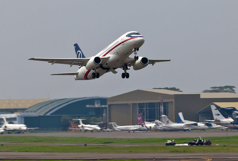 A Russian-made Sukhoi Superjet 100 takes off from Halim Perdanakusuma airport in Jakarta, Indonesia, on Wednesday on its second demonstration flight of the day.