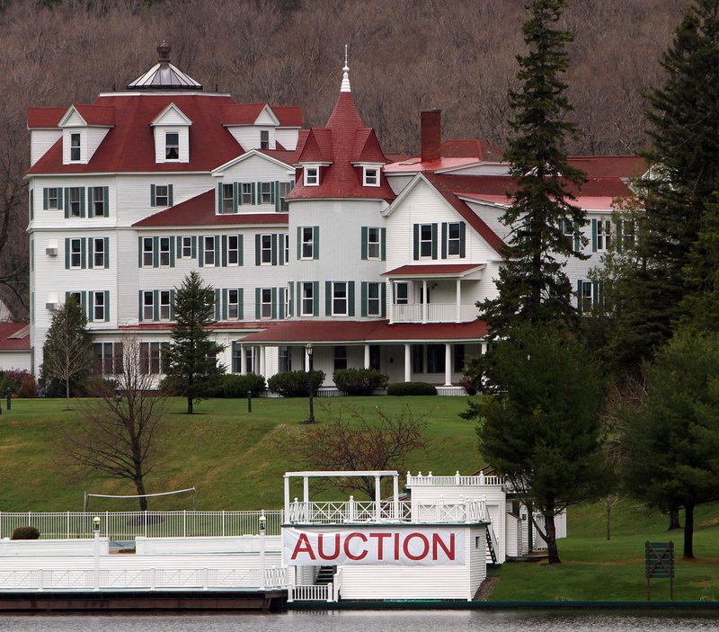 A large sign heralds the auction scheduled for today to clear more than 2,400 items from the Balsams Grand Resort Hotel in Dixville Notch, N.H. The nearly 150-year-old resort was sold last year to two businessmen for $2.3 million. They plan to re-open it in 2013.
