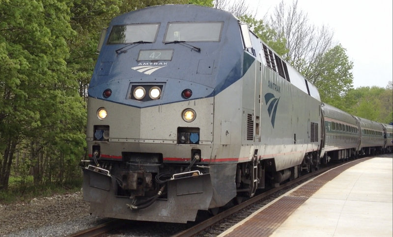 The Downeaster arrives in Freeport on Monday as transportation officials celebrated the completion of passenger platforms in Freeport and Brunswick in advance of expanded passenger train service starting in November.