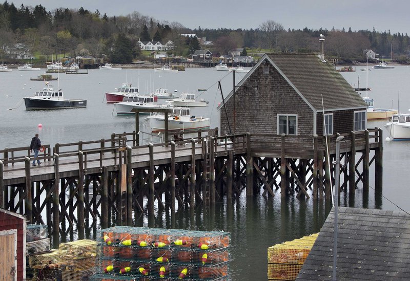 A man walks out on a wharf along Friendship harbor, where two lobster boats owned by a father and son from Cushing were moored when they were set adrift last week.