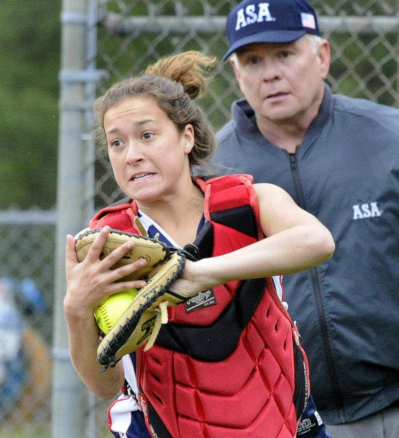 Sammie Wilkins makes a catch for Gray-New Gloucester during Greely’s 9-3 win Monday in a game between two of the top-ranked teams in Western Class B.