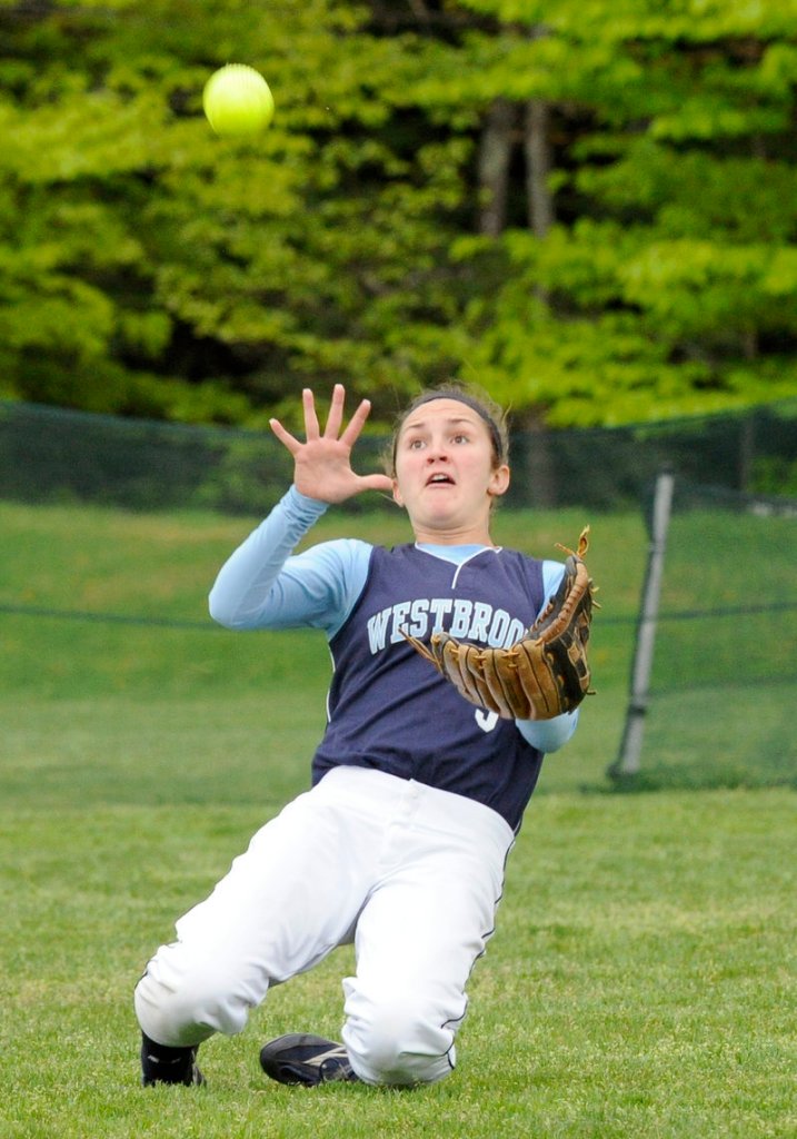 Center fielder Haley Berry of Westbrook keeps her focus on catching a fly ball during the victory against Marshwood.