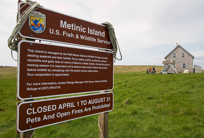 A U.S. Fish and Wildlife Service sign marks Metinic Island, which is the home of nesting seabirds.