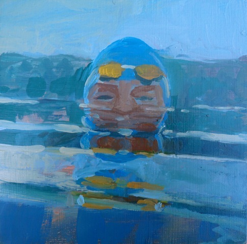 "Swimmer self portrait", oil on panel by Jessica Stammen.