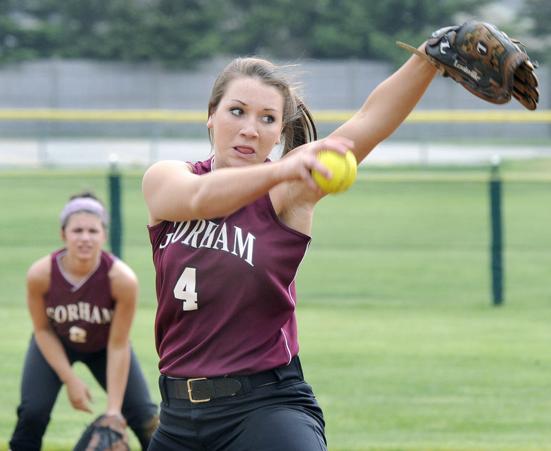 Gorham pitcher Taylor Hansen winds up for a delivery Wednesday against Cheverus, which won the SMAA softball matchup, 6-1.