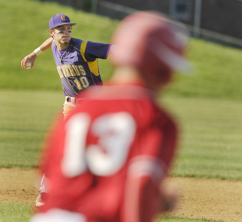 Second baseman Nick Melville of Cheverus throws out Shawn Shannon of South Portland after fielding a gounder in the sixth inning Thursday. Cheverus won, 9-4.