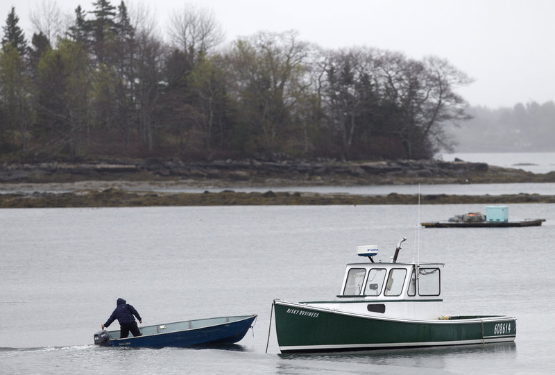 A fisherman motors his skiff out to a lobster boat. CO2 dissolves in seawater, producing acid that lessens the strength of small lobsters’ shells and makes them more vulnerable to predators.