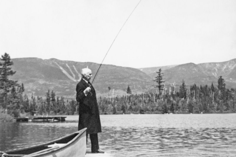 Gov. Percival Baxter fly fishes at Kidney Pond in the shadow of Mount Katahdin in this 1931 photo from the book “Baxter State Park and Katahdin.” Baxter purchased the last of the 28 parcels that comprised the park 50 years ago this summer.