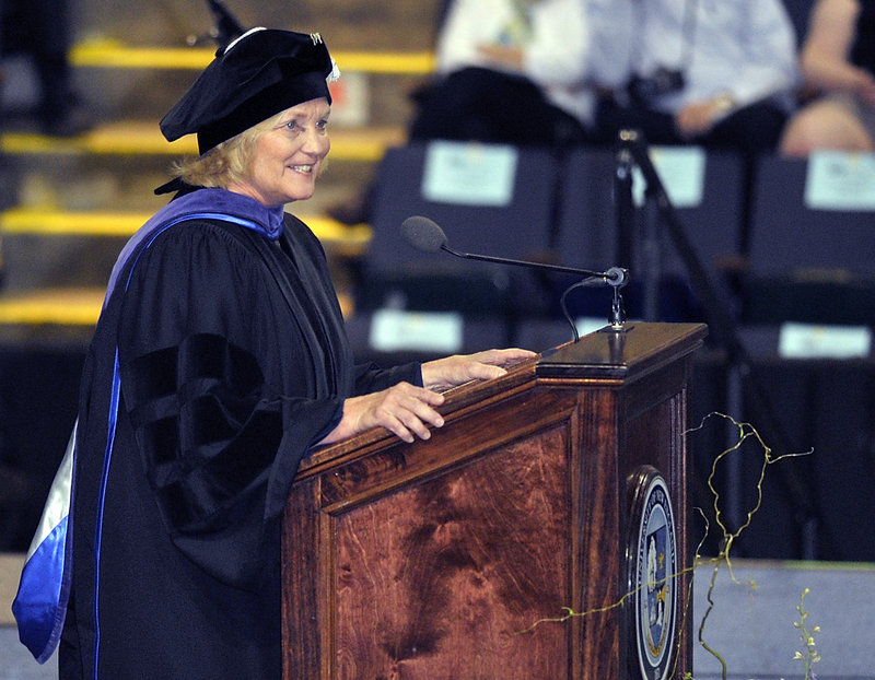 U.S. Rep. Chellie Pingree gives the commencement address after receiving an honorary doctor of laws degree at the University of New England graduation exercises Saturday.