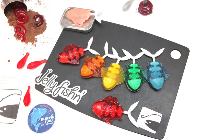 The 2011 grand prize winner of the Jell-O Mold Competition, “Jelly Fishin’,” was a collection of fishing lures flavored to actually attract fish. Peter Pracilio’s lemon sinkers, butter crab bait lures, and raspberry and chocolate worms were actually put to the test on the Brooklyn waterfront.