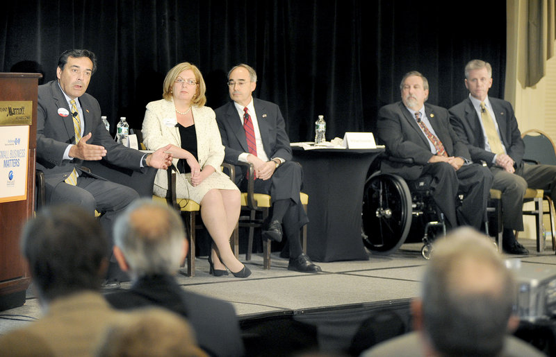 Republican candidates for the U.S. Senate, from left, Richard Bennett, Debra Plowman, Bruce Poliquin, William Schneider and Charlie Summers gather at a forum on Wednesday. A sixth GOP candidate, Scott D’Amboise, did not attend.