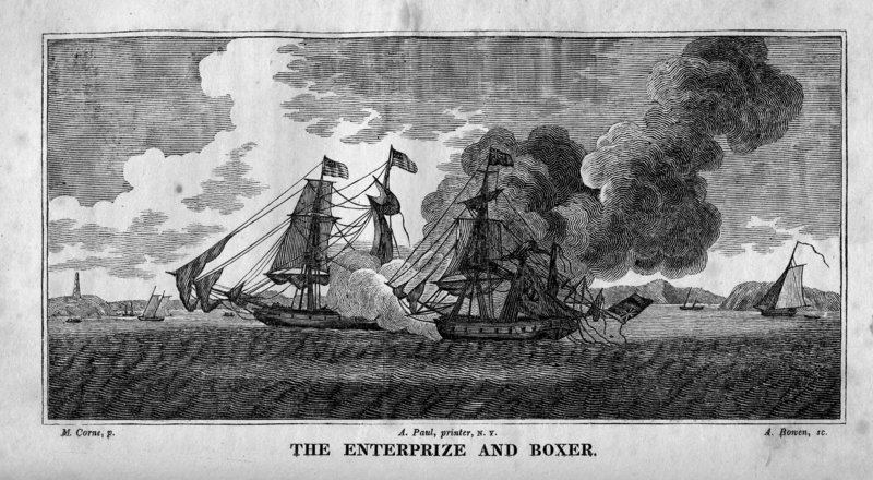 An engraving of an original painting "The Boxer and Enterprize" by A. Corne that appeared in the book, "Naval Monument," which was published in 1816. It's part of the Maine Historical Society's collection on loan at the Maine Maritime Museum.
