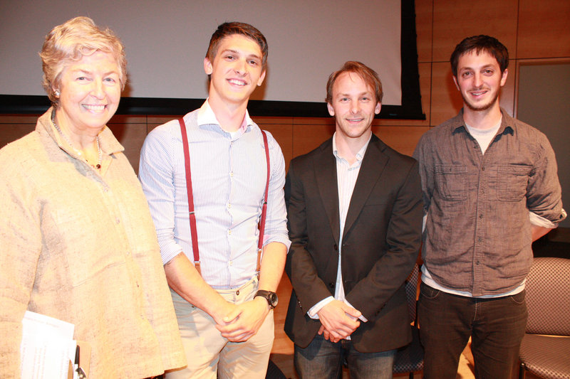 Anna Eleanor Roosevelt, presient and CEO of Goodwill Northern New England, with filmmakers Logen Christopher, Stuart Townsend and Jeff Griecci at the Circle of Films event Wednesday.