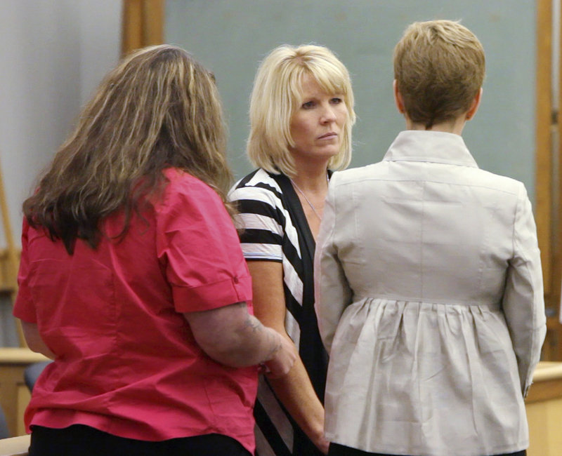 LaNell Shackley of Bridgton, mother of murder victim Krista Dittmeyer, looks to New Hampshire Senior Assistant Attorney General Jane Young after making a statement Thursday during the sentencing of Anthony Papile in Carroll County Superior Court.