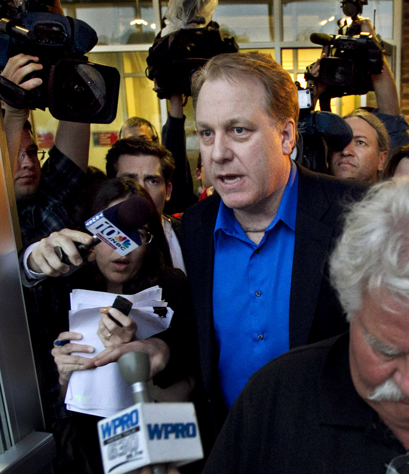 Former Boston Red Sox pitcher Curt Schilling leaves a meeting with the R.I. economic development agency that’s in hot water over backing a $75 million loan to his company in 2010.