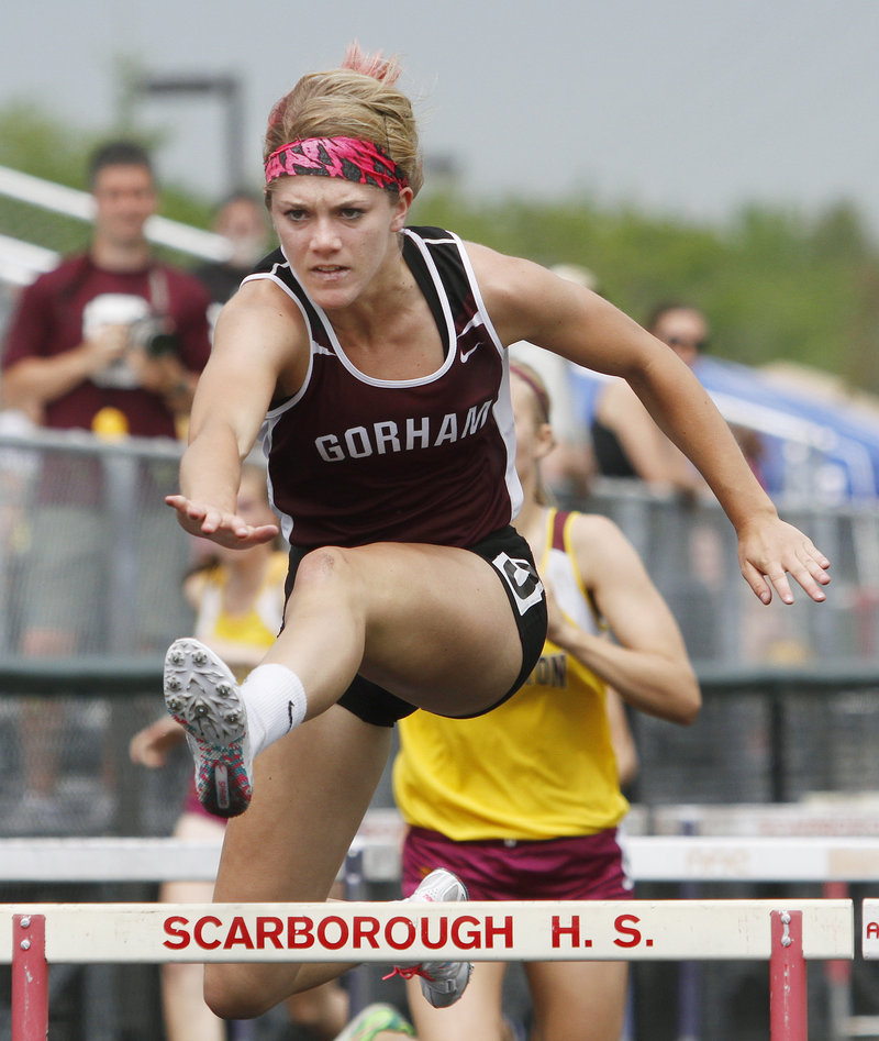 Sarah Perkins of Gorham, who was the SMAA athlete of the meet among the girls, takes the 100-meter hurdles in 15.18 seconds. She also won the 300 hurdles.