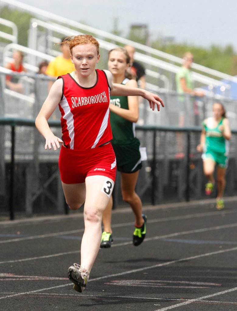 Emily Tolman of Scarborough not only won the 400 meters Saturday at the SMAA championships, but also finished third in the long jump and ran on two relay teams that placed first and second. Westbrook shortstop Collin Joyce fields a throw in plenty of time to tag out Greg Viola during Scarborough's 2-0 win Tuesday.