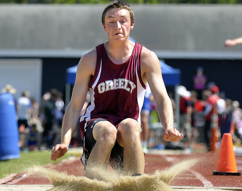 Nick Maynard of Greely captures the long jump with a distance of 20 feet, 71/4 inches at the Western Maine Conference meet. Next up for the high school athletes are the state meets next Saturday.