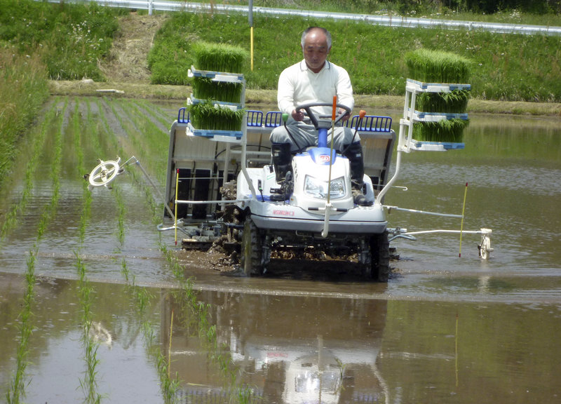 Toraaki Ogata drives a tractor to plant rice saplings in a paddy field in Fukushima, Japan, 35 miles from the Dai-ichi nuclear plant. Last year’s crop sits in storage, deemed unsafe to eat.